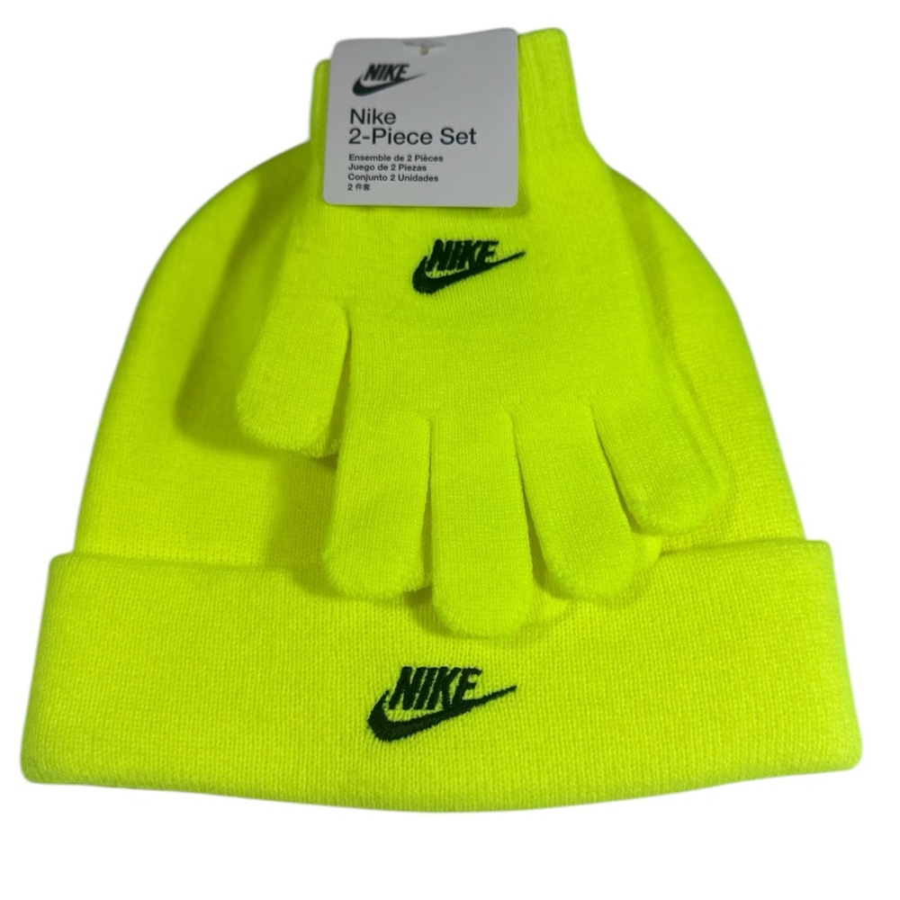 Nike Neon Yellow Knit Beanie and Gloves Set